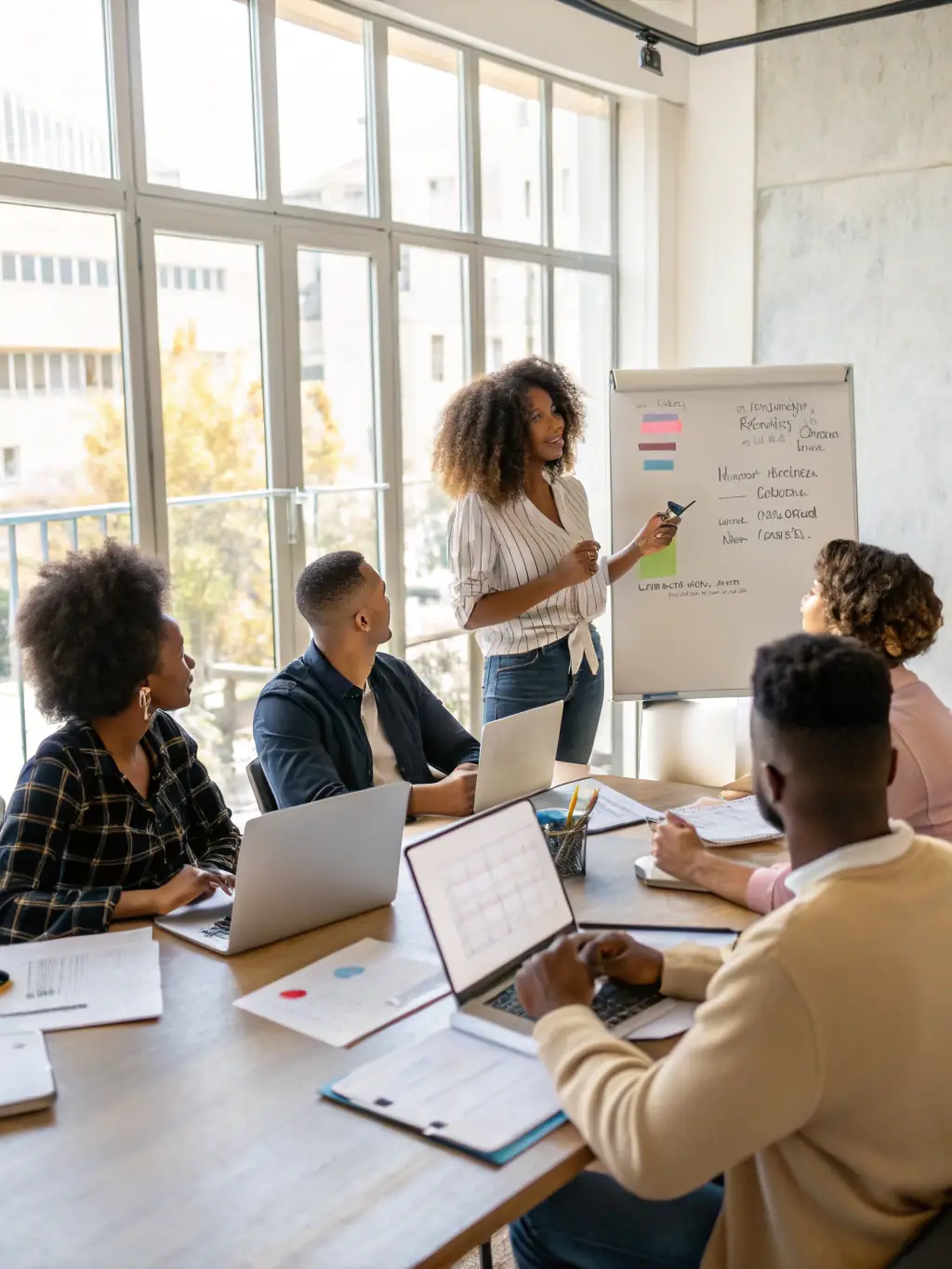 Zdjęcie zespołu konsultantów prowadzących szkolenie z zarządzania zmianą w sali konferencyjnej, angażując pracowników w proces transformacji.