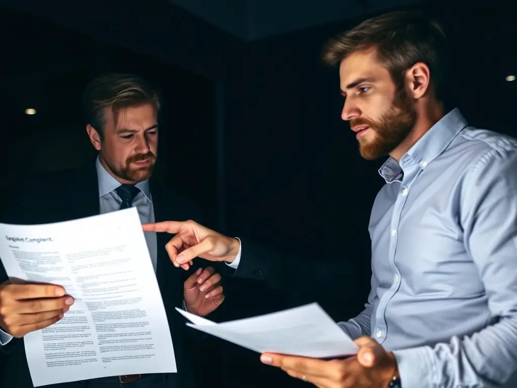 A consultant in a navy blue suit is conducting an operational audit in a modern office, reviewing documents and discussing findings with the client's team.