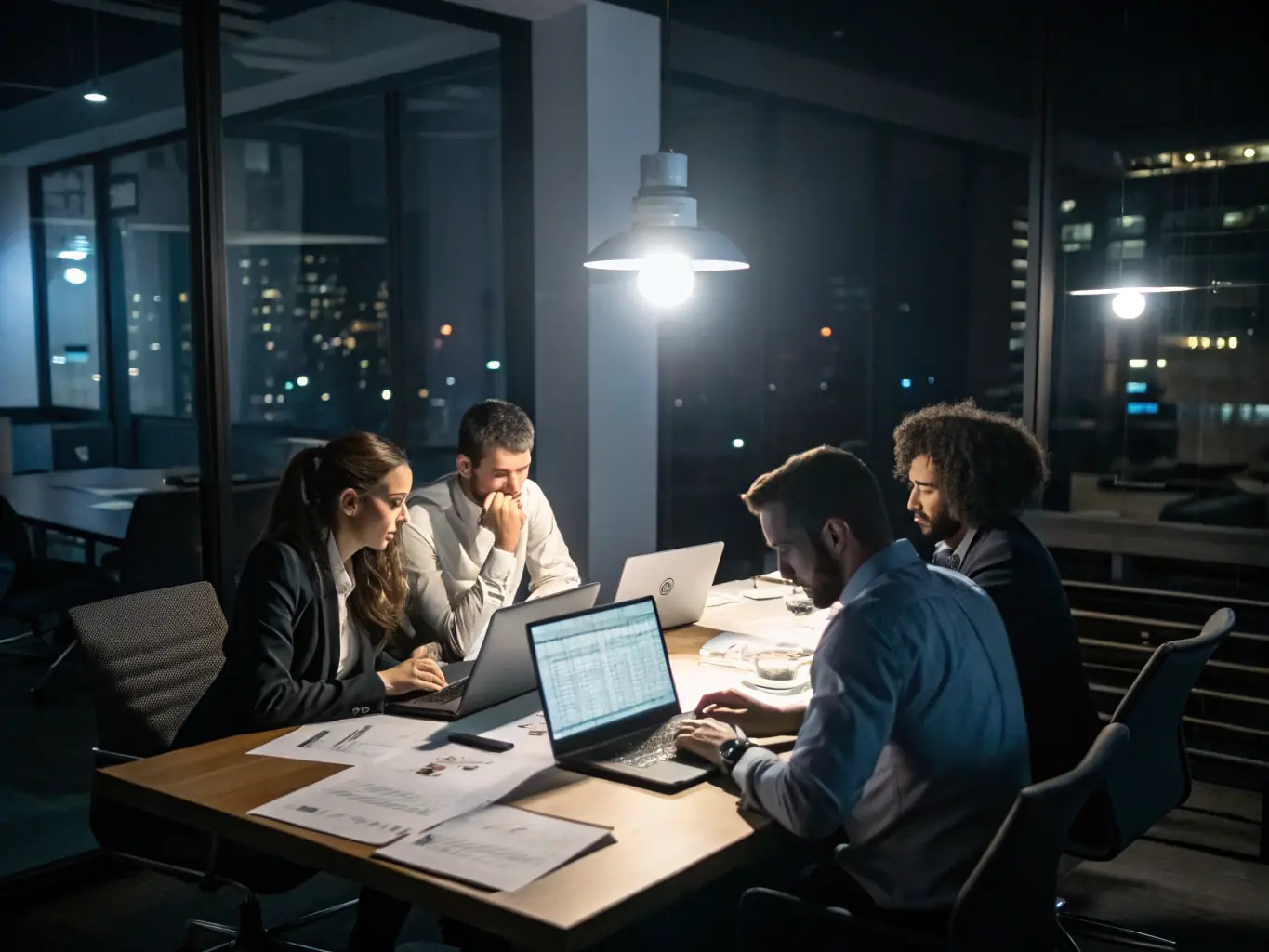 A team of consultants is developing a strategic plan for a client in a conference room, using charts and graphs to visualize the proposed growth strategy.
