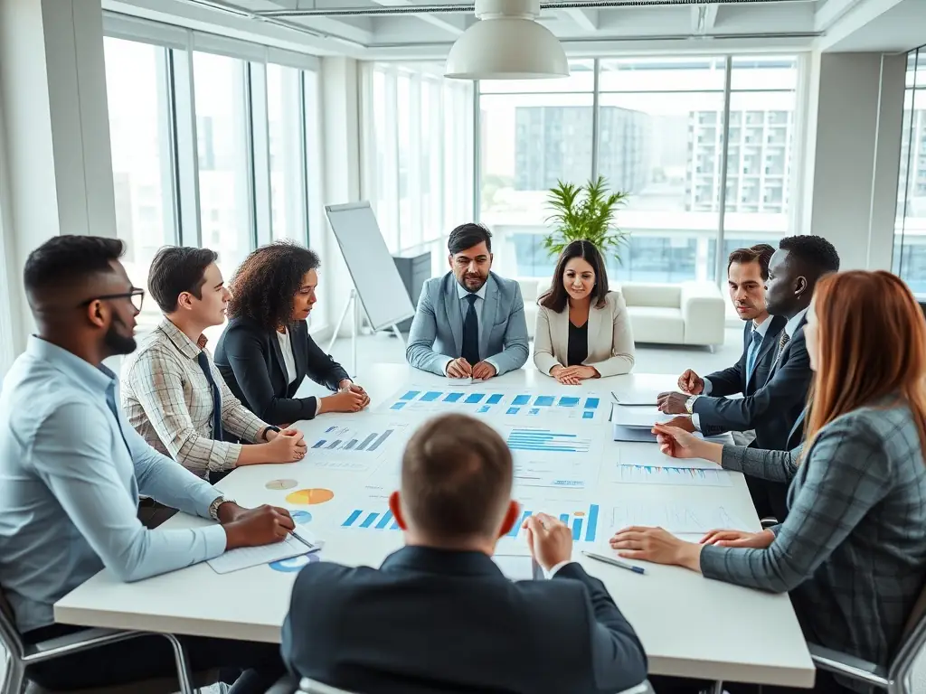 Zdjęcie przedstawia zespół konsultantów ProBiznes Konsulting w trakcie burzy mózgów, analizujących dane i opracowujących strategie dla klienta. W tle widoczne są notatki i wykresy.
