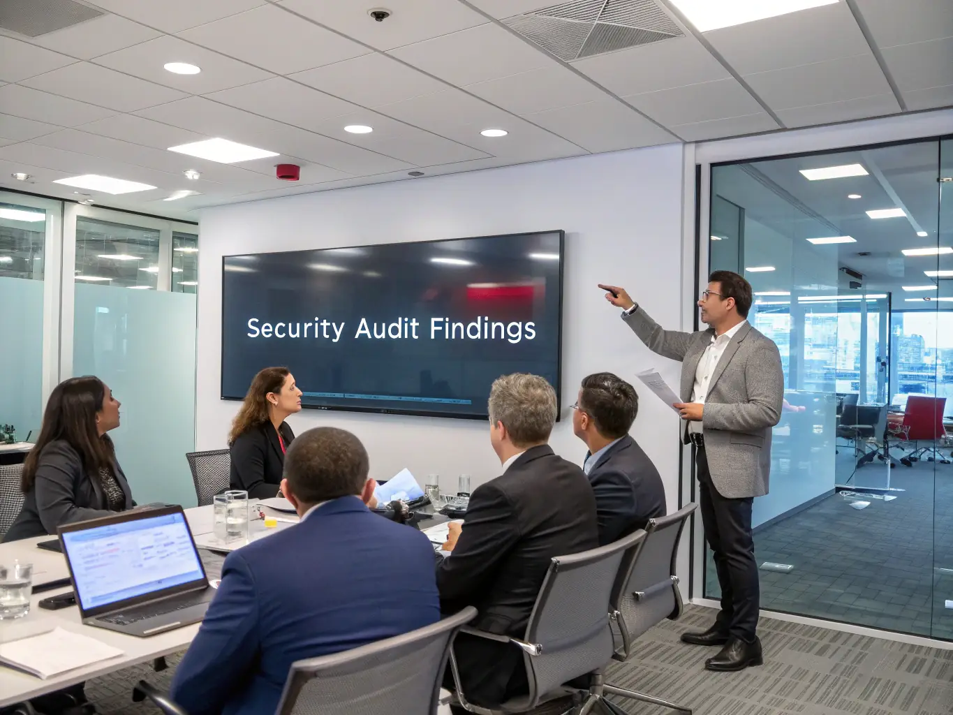 Zdjęcie przedstawia konsultanta ProBiznes Konsulting prowadzącego prezentację dla zarządu firmy klienta. Konsultant omawia wyniki audytu i proponowane rozwiązania.